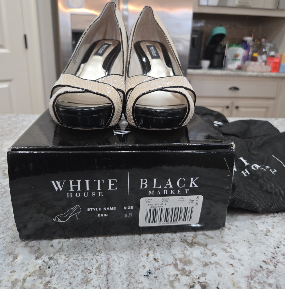 White House Black Market Beige and Black Peep-Toe Pumps